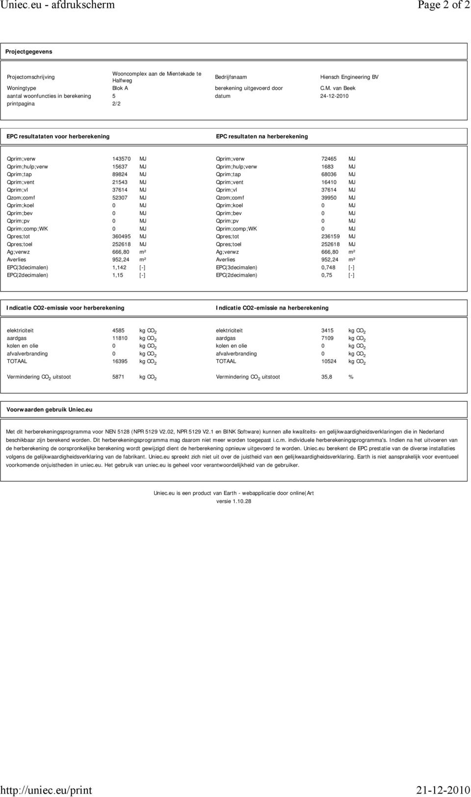 van Beek aantal woonfuncties in berekening 5 datum 24-12-2010 printpagina 2/2 EPC resultataten voor herberekening EPC resultaten na herberekening Qprim;verw 143570 MJ Qprim;verw 72465 MJ