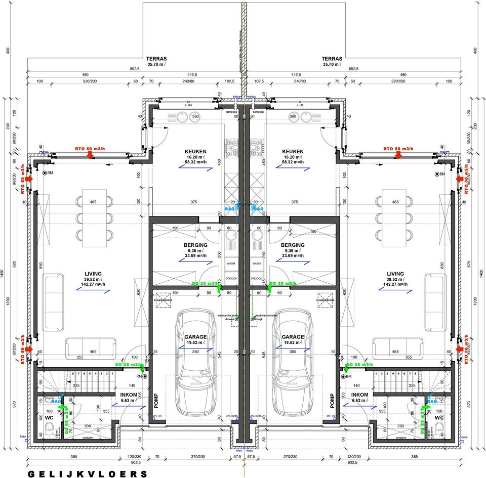 27 m /h kruipkelderluik KEUKEN 16.20 m 8.32 m /h 46 37 20 6 BERGING 9.36 m 33.69 m /h GARAGE 19.62 m 40 /2 1 WASM. 1 DROOGK. technische koker 46 360 20 3 10 4 droogk. WASM. DROOGK. technische koker droogk.