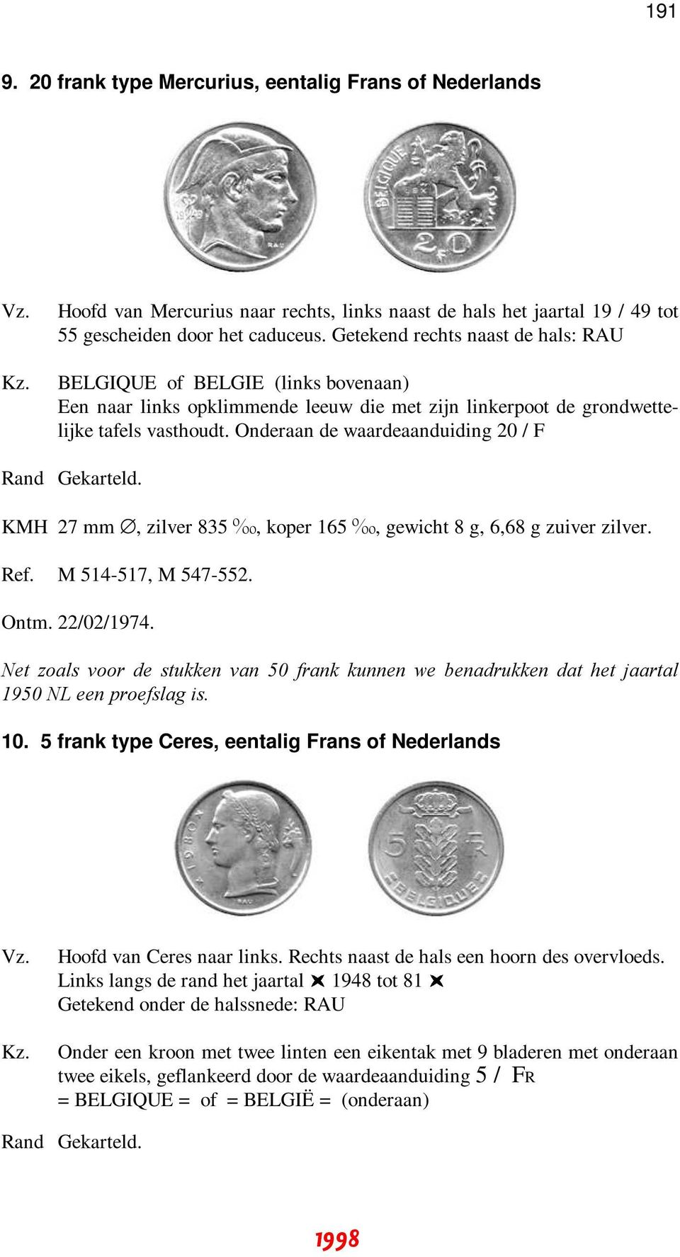 Onderaan de waardeaanduiding 20 / F KMH 27 mm, zilver 835, koper 165, gewicht 8 g, 6,68 g zuiver zilver. Ref. M 514-517, M 547-552. Ontm. 22/02/1974.