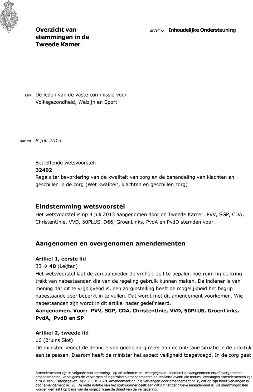 is op 4 juli 2013 aangenomen door de Tweede Kamer. PVV, SGP, CDA, ChristenUnie, VVD, 50PLUS, D66, GroenLinks, PvdA en PvdD stemden voor.