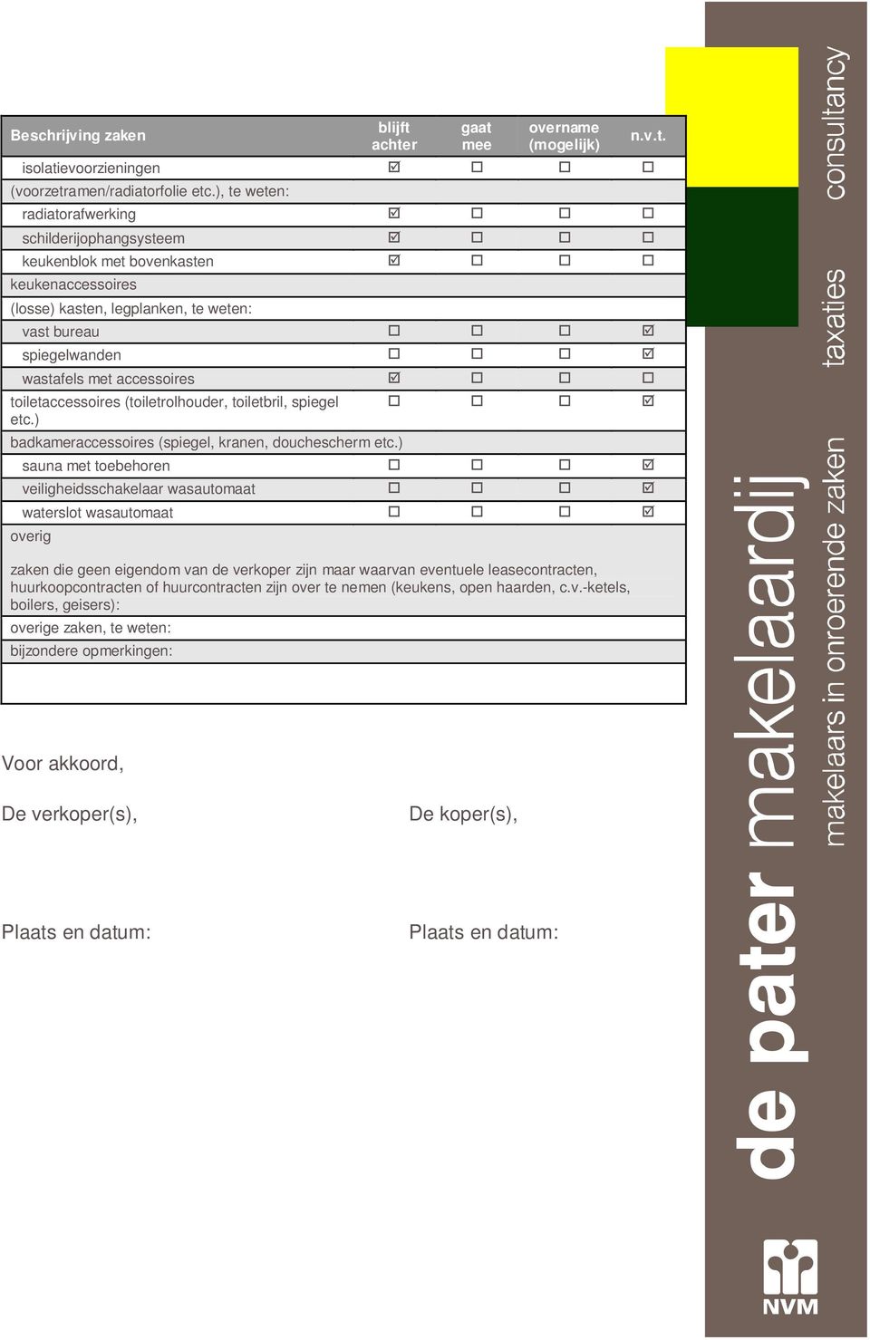 toiletaccessoires (toiletrolhouder, toiletbril, spiegel etc.) badkameraccessoires (spiegel, kranen, douchescherm etc.) n.v.t. sauna met toebehoren veiligheidsschakelaar wasautomaat waterslot