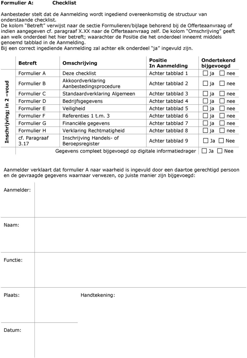 De kolom Omschrijving geeft aan welk onderdeel het hier betreft; waarachter de Positie die het onderdeel inneemt middels genoemd tabblad in de Aanmelding.