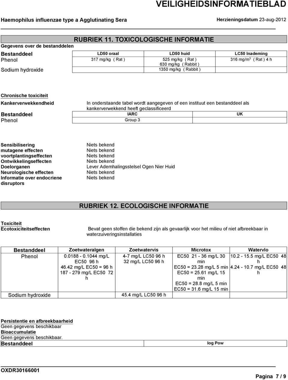 hydroxide 1350 mg/kg ( Rabbit ) VEILIGHEIDSINFORMATIEBLAD Chronische toxiciteit Kankerverwekkendheid In onderstaande tabel wordt aangegeven of een instituut een bestanddeel als kankerverwekkend heeft