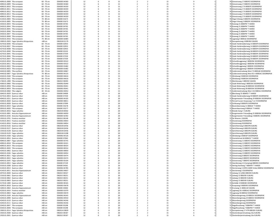 01.0012 Tilia europaea 60-70 cm DSK00D 04359 12 6 8 15 2 2 15 9 1 70 Grevensweg 17 B 8085PZ DOORNSPIJK 4090.01.0013 Tilia europaea 60-70 cm DSK00D 04359 12 6 8 15 2 2 15 9 1 70 Grevensweg 17 B 8085PZ DOORNSPIJK 4090.