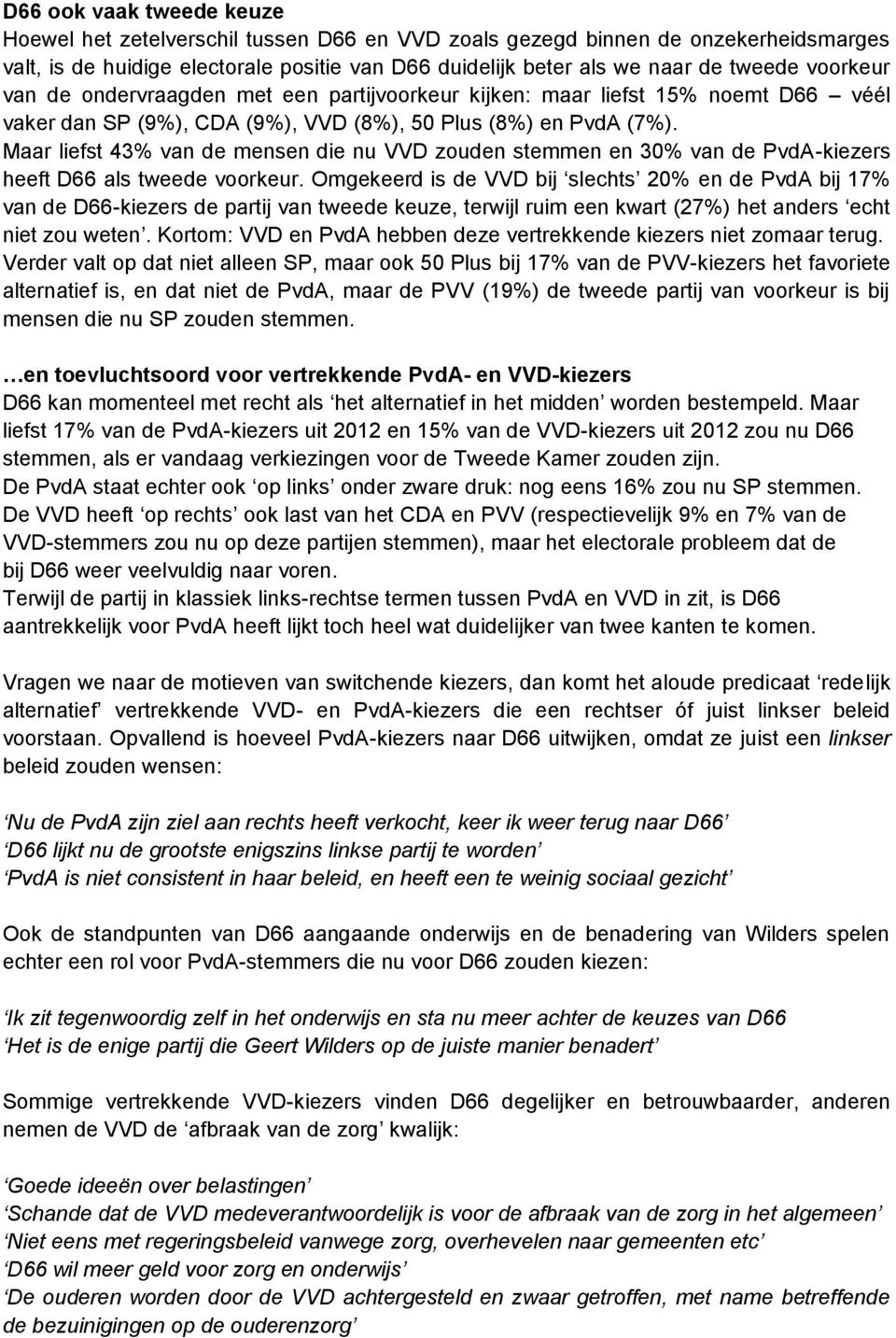Maar liefst 43% van de mensen die nu VVD zouden stemmen en 30% van de PvdA-kiezers heeft D66 als tweede voorkeur.