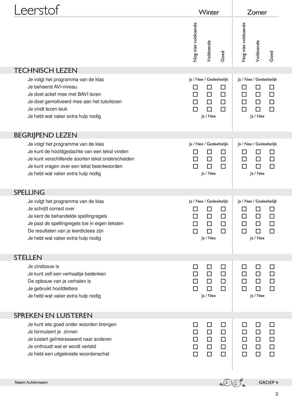 soorten tekst onderscheiden Je kunt vragen over een tekst beantwoorden SPELLING Je volgt het programma van de klas Je schrijft correct over Je kent de behandelde spellingregels Je past de