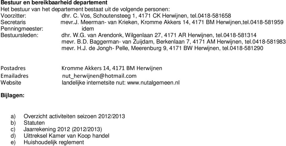 van Arendonk, Wilgenlaan 27, 4171 AR Herwijnen, tel.0418-581314 mevr. B.D. Baggerman- van Zuijdam, Berkenlaan 7, 4171 AM Herwijnen, tel.0418-581983 mevr. H.J.