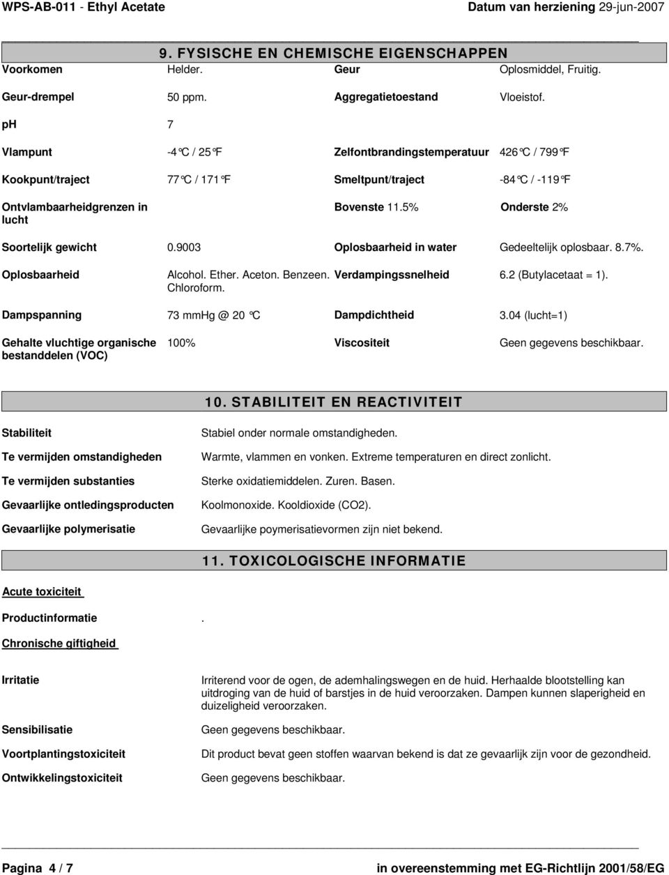 5% Onderste 2% Soortelijk gewicht 0.9003 Oplosbaarheid in water Gedeeltelijk oplosbaar. 8.7%. Oplosbaarheid Alcohol. Ether. Aceton. Benzeen. Chloroform. Verdampingssnelheid 6.2 (Butylacetaat = 1).