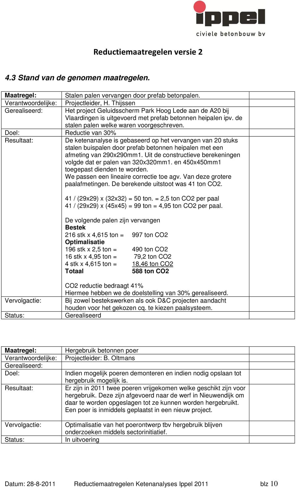 Reductie van 30% Resultaat: De ketenanalyse is gebaseerd op het vervangen van 20 stuks stalen buispalen door prefab betonnen heipalen met een afmeting van 290x290mm1.