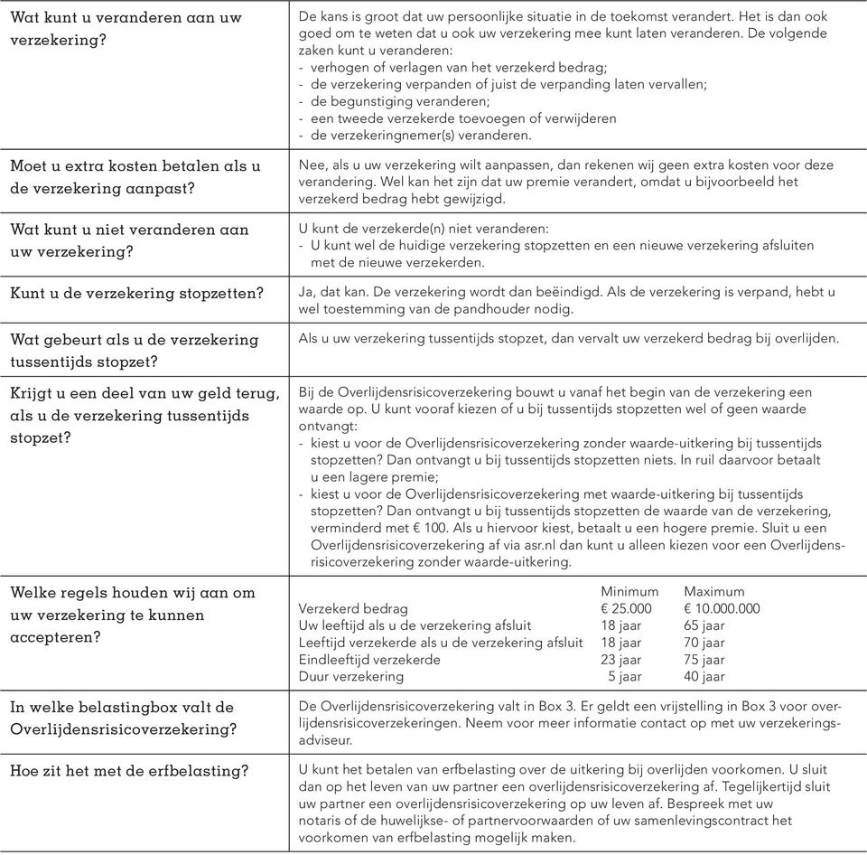 In welke belastingbox valt de Overlijdensrisicoverzekering? Hoe zit het met de erfbelasting? De kans is groot dat uw persoonlijke situatie in de toekomst verandert.