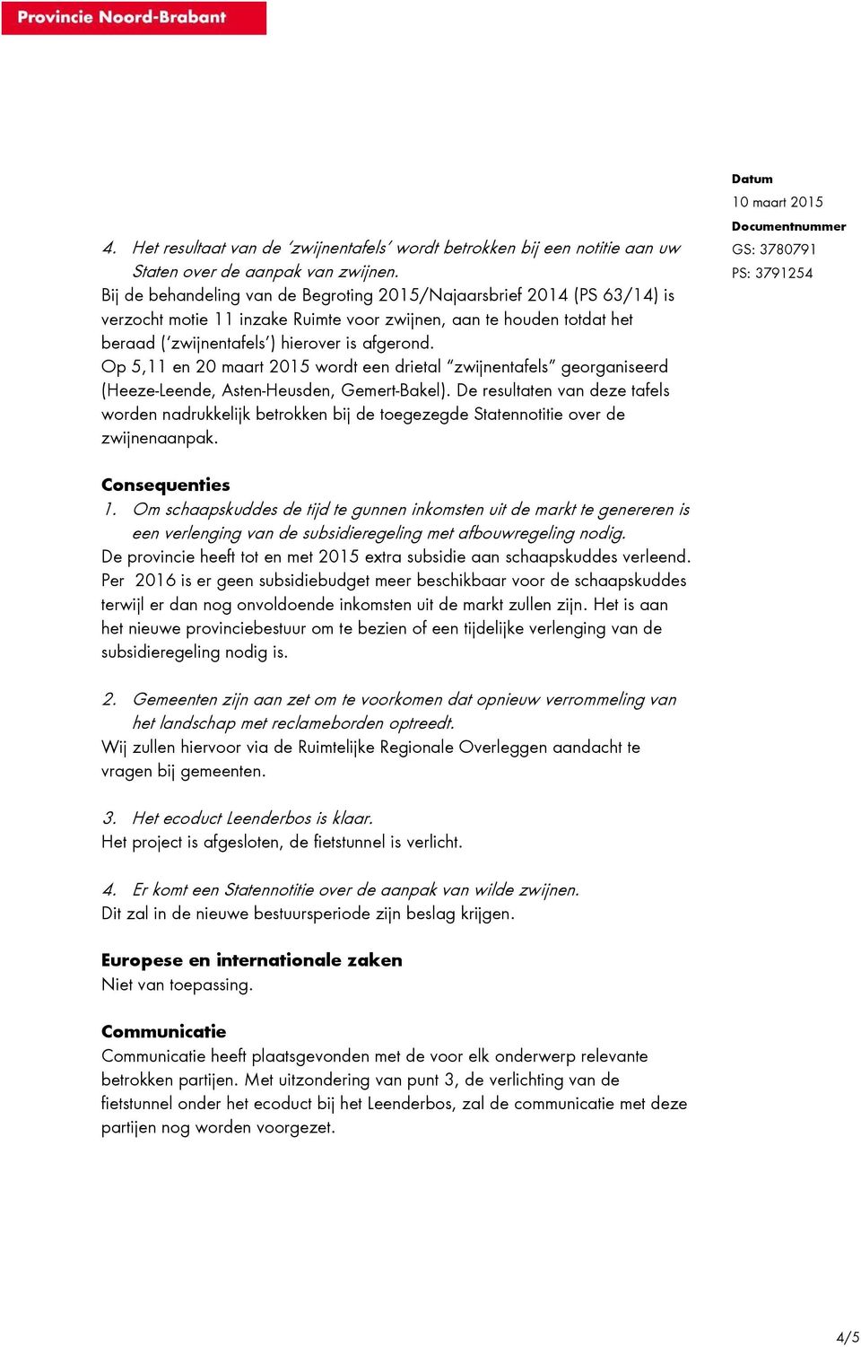 Op 5,11 en 20 maart 2015 wordt een drietal zwijnentafels georganiseerd (Heeze-Leende, Asten-Heusden, Gemert-Bakel).