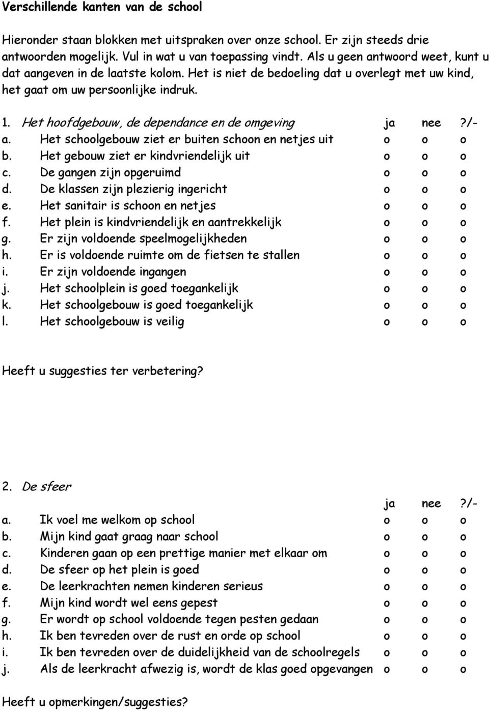 Het hoofdgebouw, de dependance en de omgeving a. Het schoolgebouw ziet er buiten schoon en netjes uit ο ο ο b. Het gebouw ziet er kindvriendelijk uit ο ο ο c. De gangen zijn opgeruimd ο ο ο d.