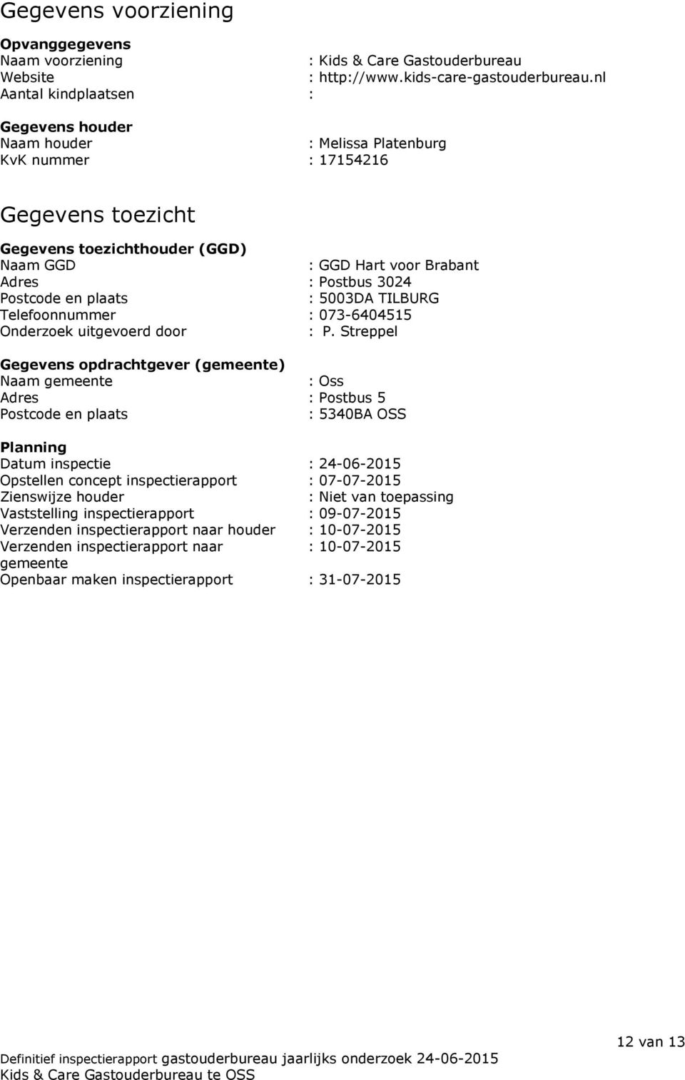 Postcode en plaats : 5003DA TILBURG Telefoonnummer : 073-6404515 Onderzoek uitgevoerd door : P.