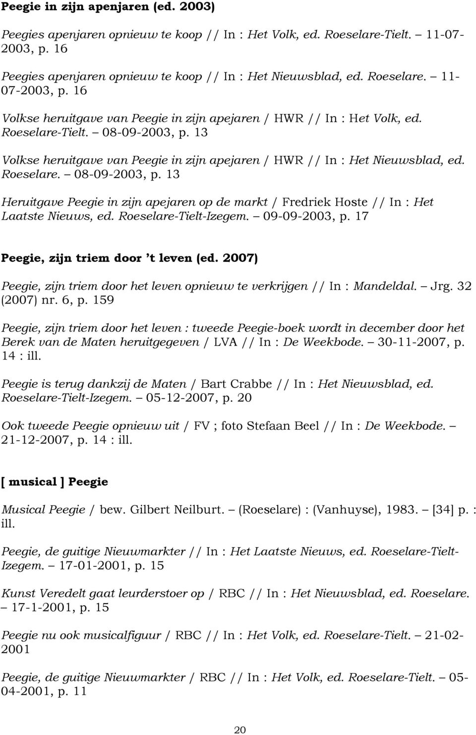 Roeselare. 08-09-2003, p. 13 Heruitgave Peegie in zijn apejaren op de markt / Fredriek Hoste // In : Het Laatste Nieuws, ed. Roeselare-Tielt-Izegem. 09-09-2003, p.