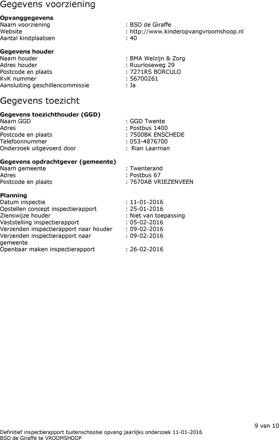 Ja Gegevens toezicht Gegevens toezichthouder (GGD) Naam GGD : GGD Twente Adres : Postbus 1400 Postcode en plaats : 7500BK ENSCHEDE Telefoonnummer : 053-4876700 Onderzoek uitgevoerd door : Rian