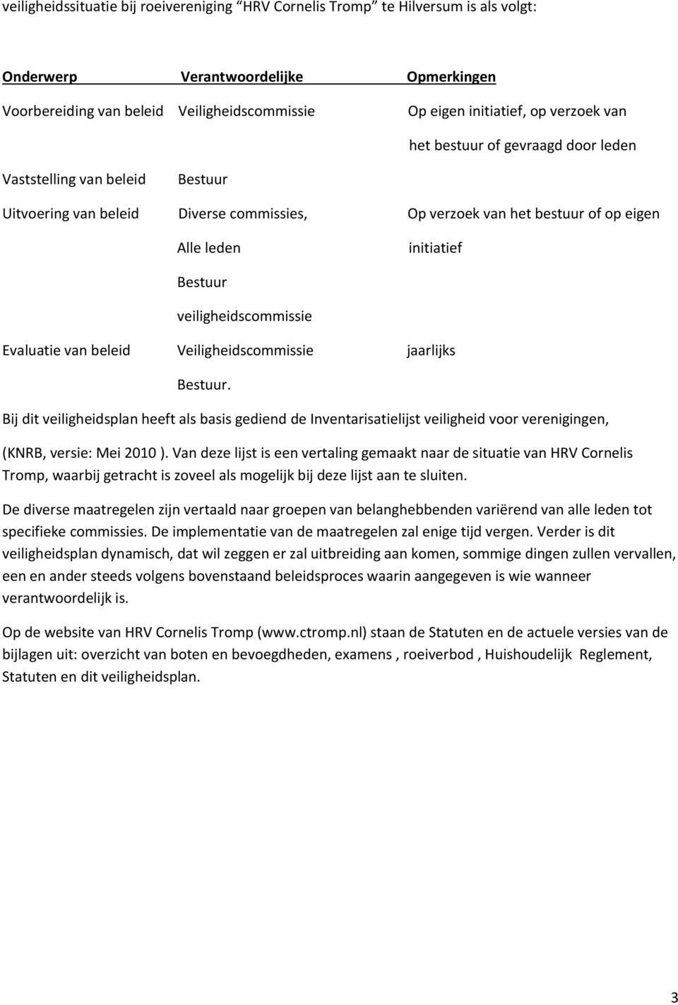 veiligheidscommissie Evaluatie van beleid Veiligheidscommissie jaarlijks Bestuur.