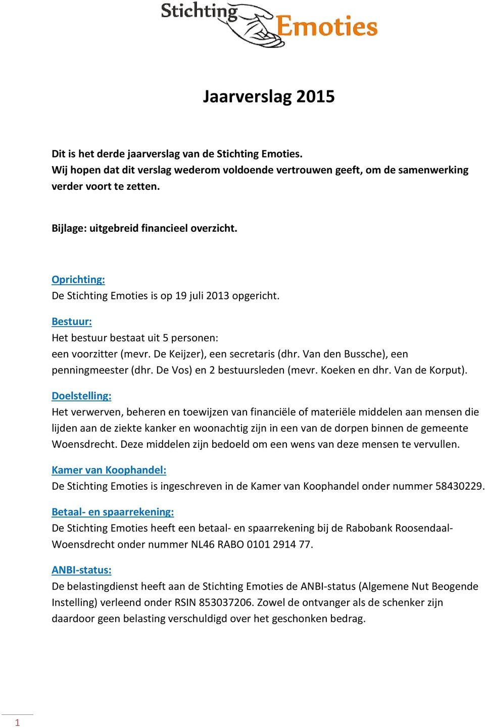 De Keijzer), een secretaris (dhr. Van den Bussche), een penningmeester (dhr. De Vos) en 2 bestuursleden (mevr. Koeken en dhr. Van de Korput).