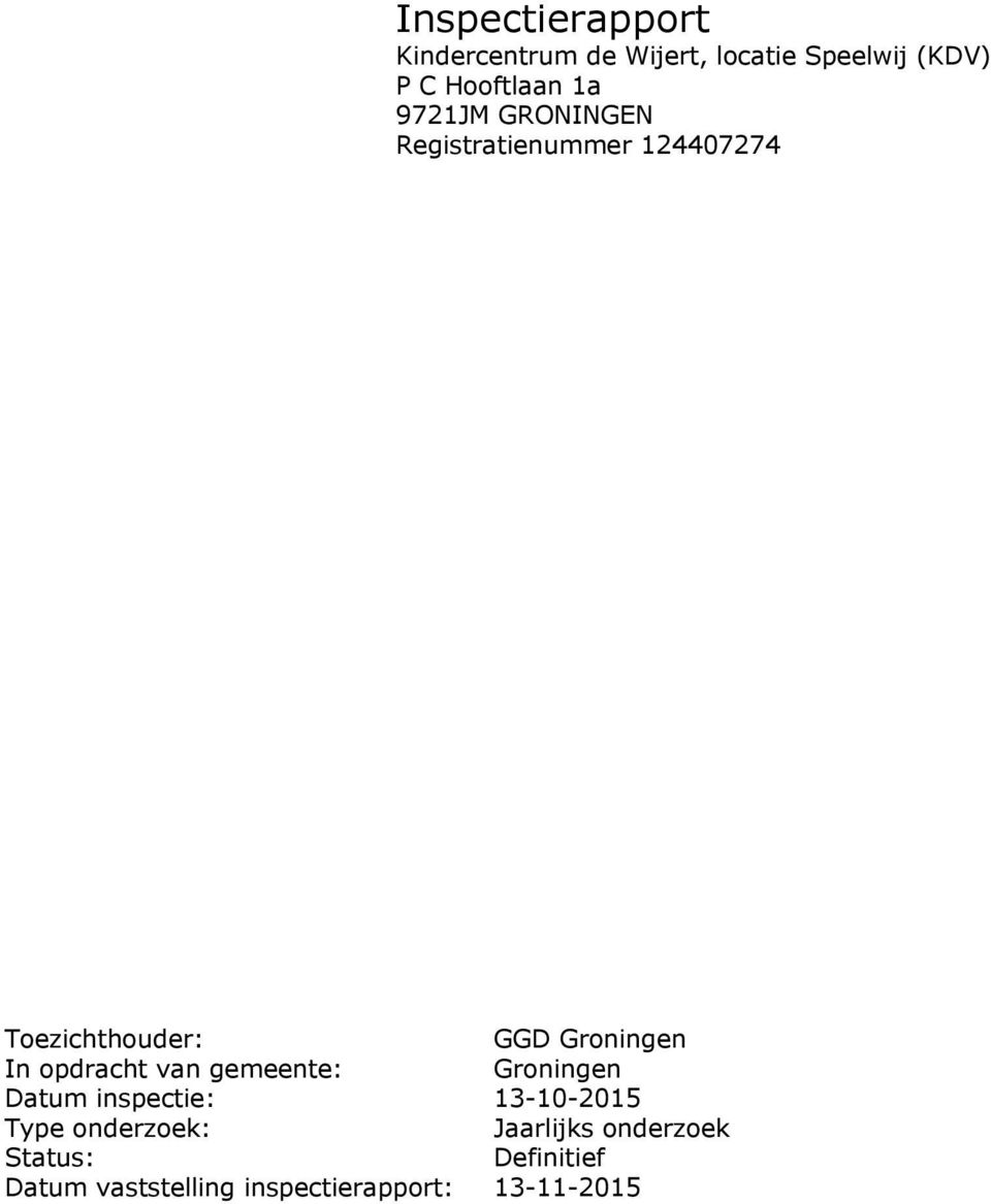 opdracht van gemeente: Groningen Datum inspectie: 13-10-2015 Type onderzoek: