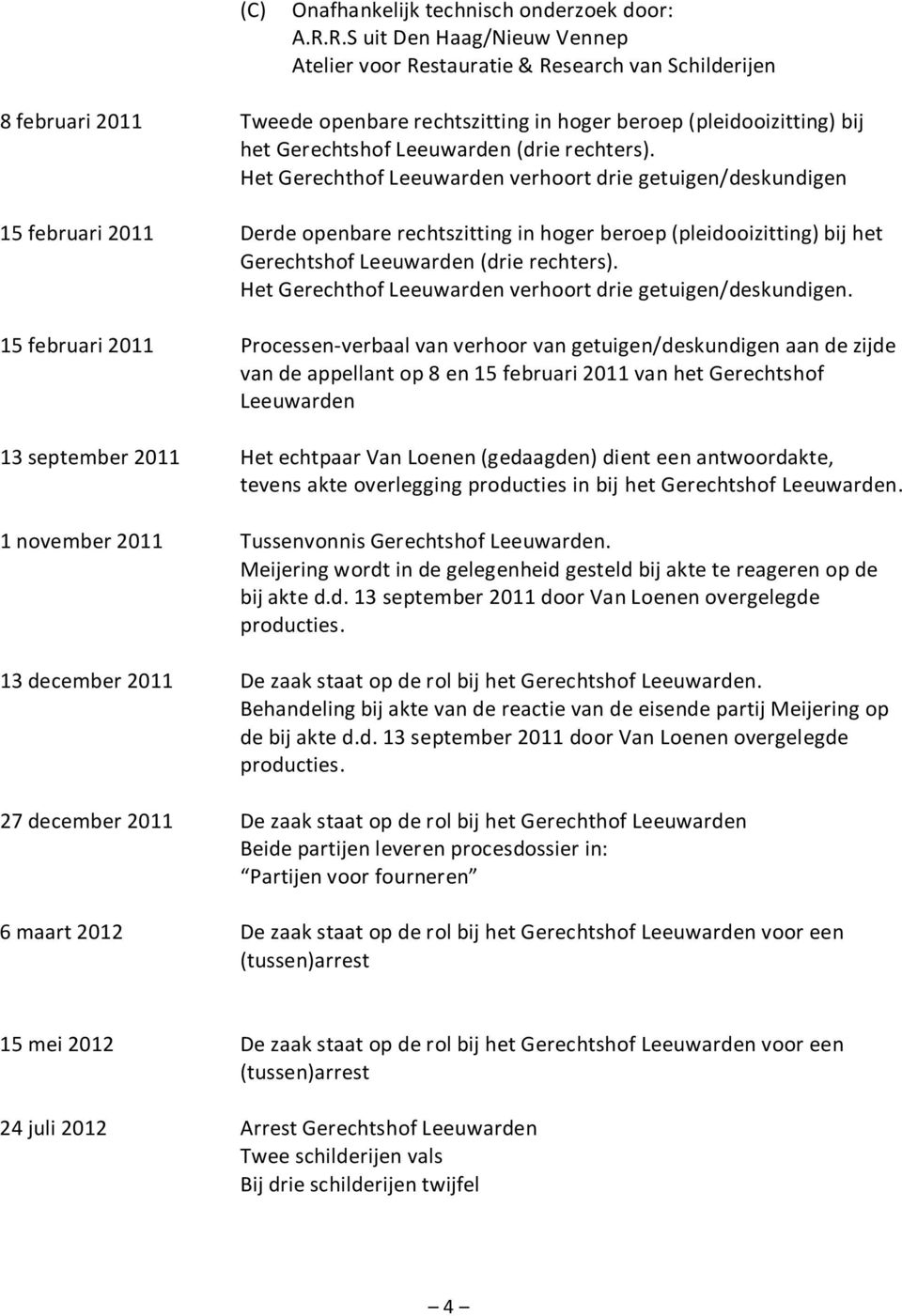 rechters). Het Gerechthof Leeuwarden verhoort drie getuigen/deskundigen 15 februari 2011 Derde openbare rechtszitting in hoger beroep (pleidooizitting) bij het Gerechtshof Leeuwarden (drie rechters).