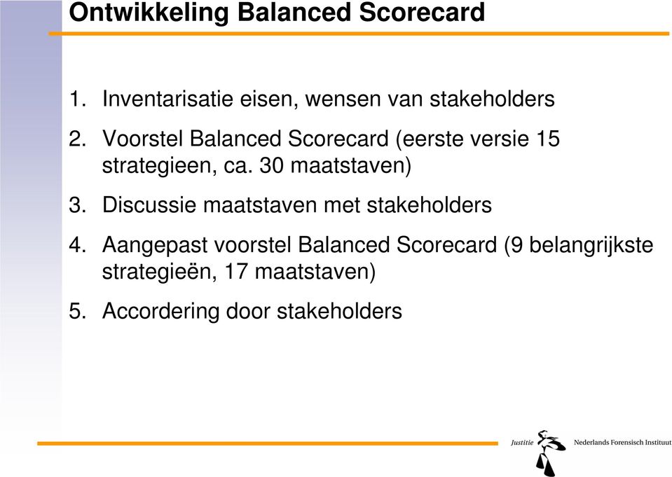 Voorstel Balanced Scorecard (eerste versie 15 strategieen, ca. 30 maatstaven) 3.