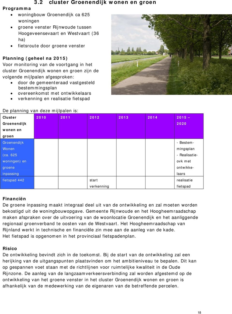ontwikkelaars verkenning en realisatie fietspad De planning van deze mijlpalen is: Cluster Groenendijk wonen en groen Groenendijk Wonen (ca.
