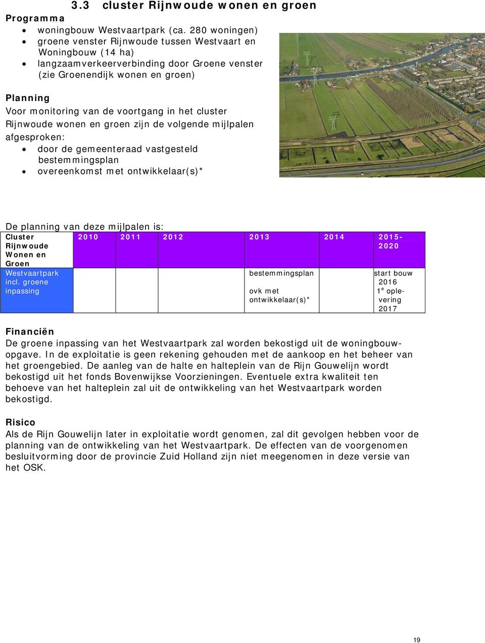 in het cluster Rijnwoude wonen en groen zijn de volgende mijlpalen afgesproken: door de gemeenteraad vastgesteld bestemmingsplan overeenkomst met ontwikkelaar(s)* De planning van deze mijlpalen is: