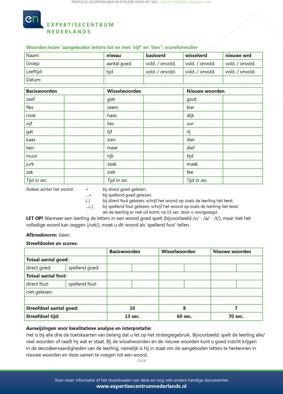 Nieuwe woorden goot kier dijk uur rij dier dief tijd maak fee Tijd in sec. Noteer achter het woord: + bij direct goed gelezen. + bij spellend goed gelezen. (.