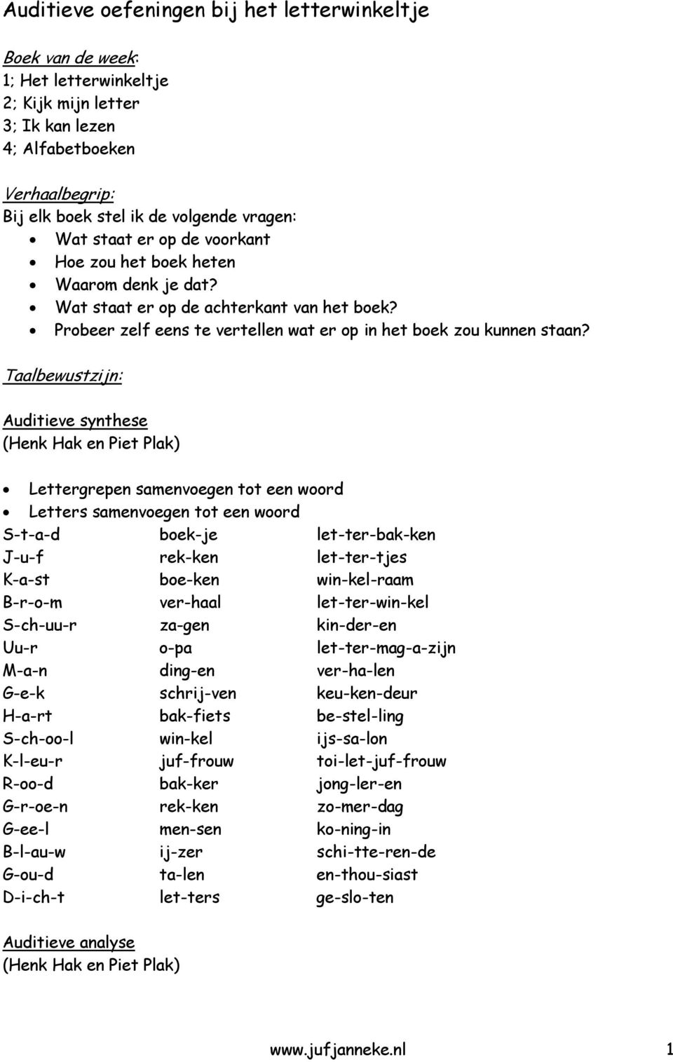 Taalbewustzijn: Auditieve synthese (Henk Hak en Piet Plak) Lettergrepen samenvoegen tot een woord Letters samenvoegen tot een woord S-t-a-d boek-je let-ter-bak-ken J-u-f rek-ken let-ter-tjes K-a-st