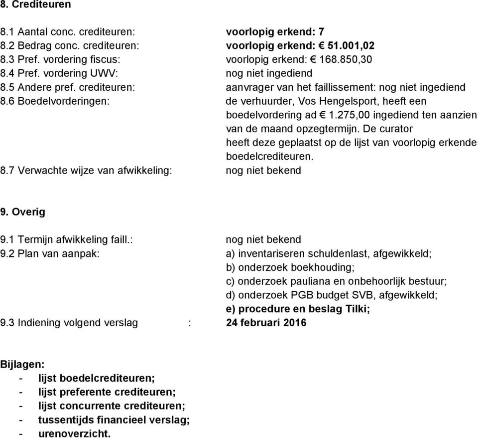 6 Boedelvorderingen: de verhuurder, Vos Hengelsport, heeft een boedelvordering ad 1.275,00 ingediend ten aanzien van de maand opzegtermijn.