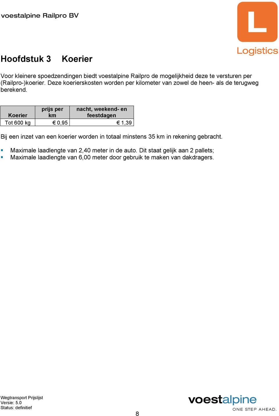 prijs per nacht, weekend- en Koerier km feestdagen Tot 600 kg 0,95 1,39 Bij een inzet van een koerier worden in totaal minstens 35