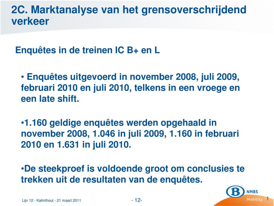 160 geldige enquêtes werden opgehaald in november 2008, 1.046 in juli 2009, 1.160 in februari 2010 en 1.