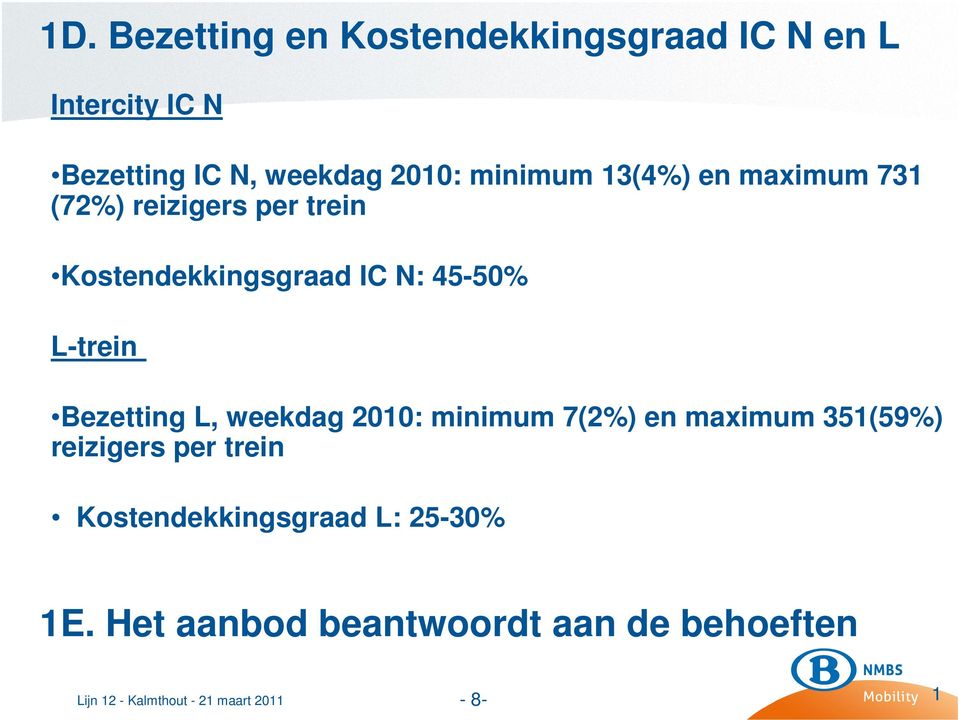 N: 45-50% L-trein Bezetting L, weekdag 2010: minimum 7(2%) en maximum 351(59%)