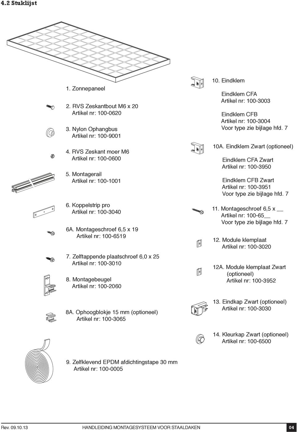 Ophoogblokje 15 mm (optioneel) Artikel nr: 100-3065 10. Eindklem Eindklem CFA Artikel nr: 100-3003 Eindklem CFB Artikel nr: 100-3004 Voor type zie bijlage hfd. 7 10A.