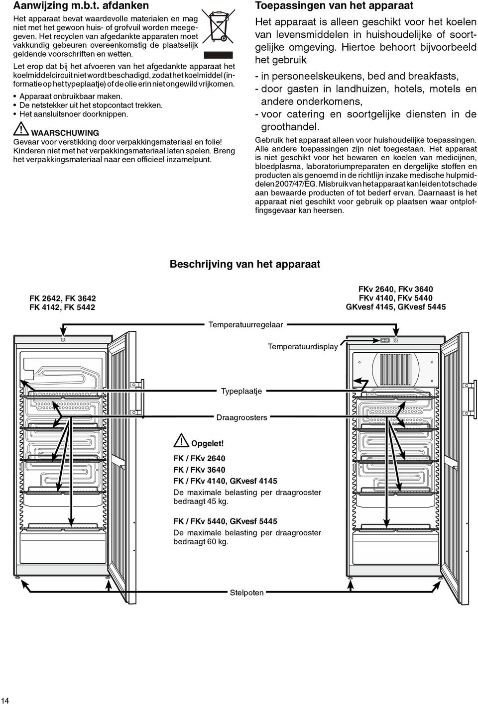 Let erop dat bij het afvoeren van het afgedankte apparaat het koelmiddelcircuit niet wordt beschadigd, zodat het koelmiddel (informatie op het typeplaatje) of de olie erin niet ongewild vrijkomen.