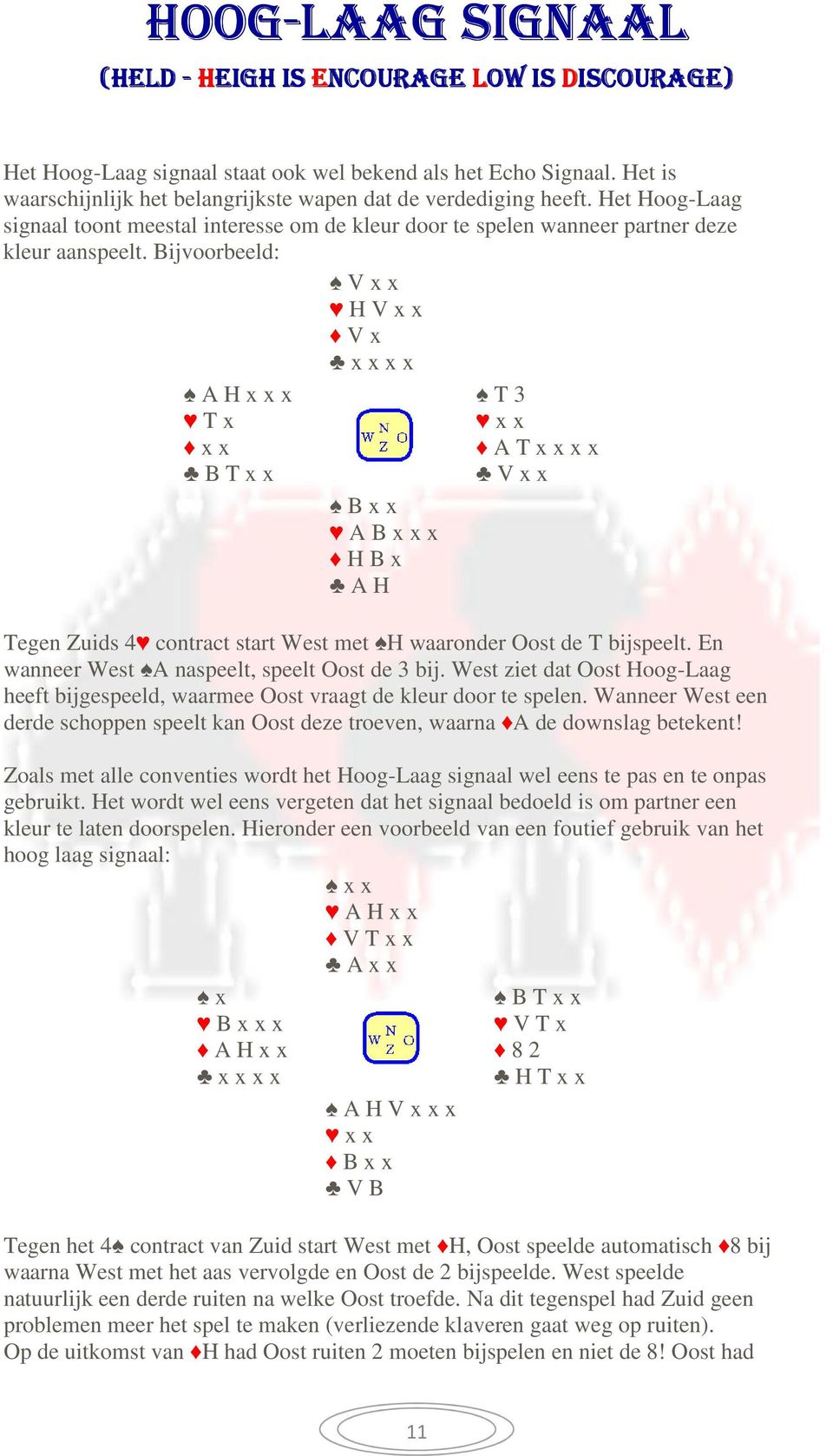 Bijvoorbeeld: V x x H V x x V x x x x x A H x x x T x x x B T x x B x x A B x x x H B x A H T 3 x x A T x x x x V x x Tegen Zuids 4 contract start West met H waaronder Oost de T bijspeelt.