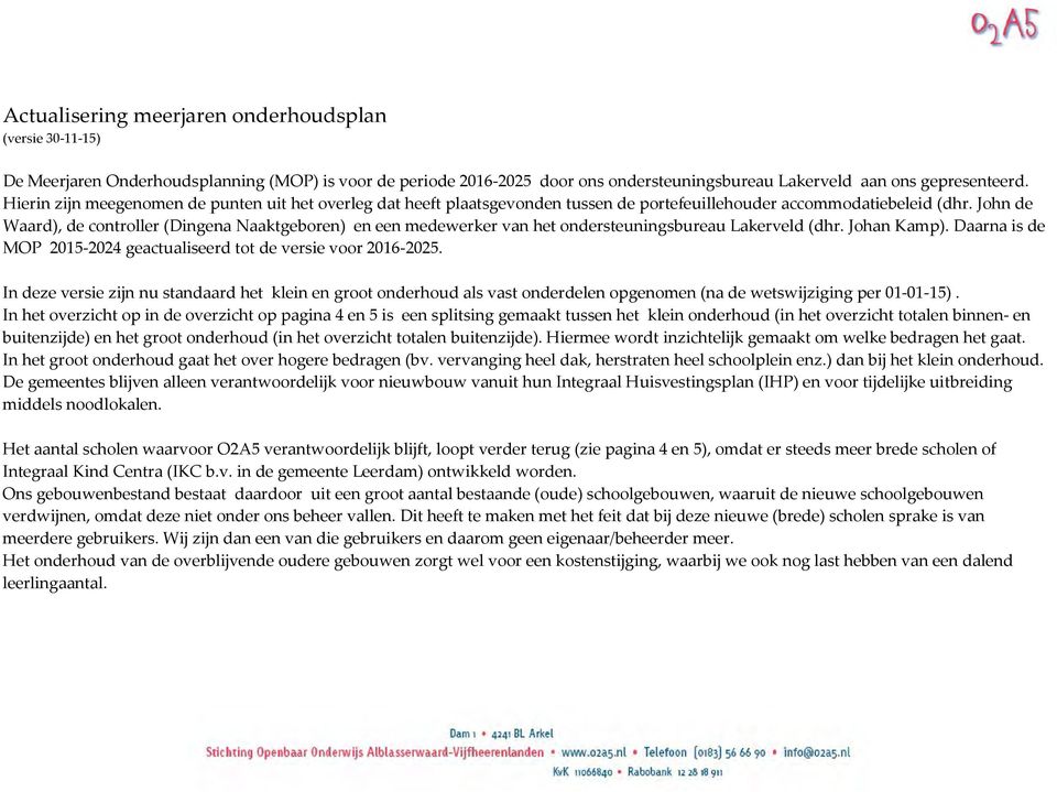 John de Waard), de controller (Dingena Naaktgeboren) en een medewerker van het ondersteuningsbureau Lakerveld (dhr. Johan Kamp). Daarna is de MOP 2015-2024 geactualiseerd tot de versie voor 2016-2025.