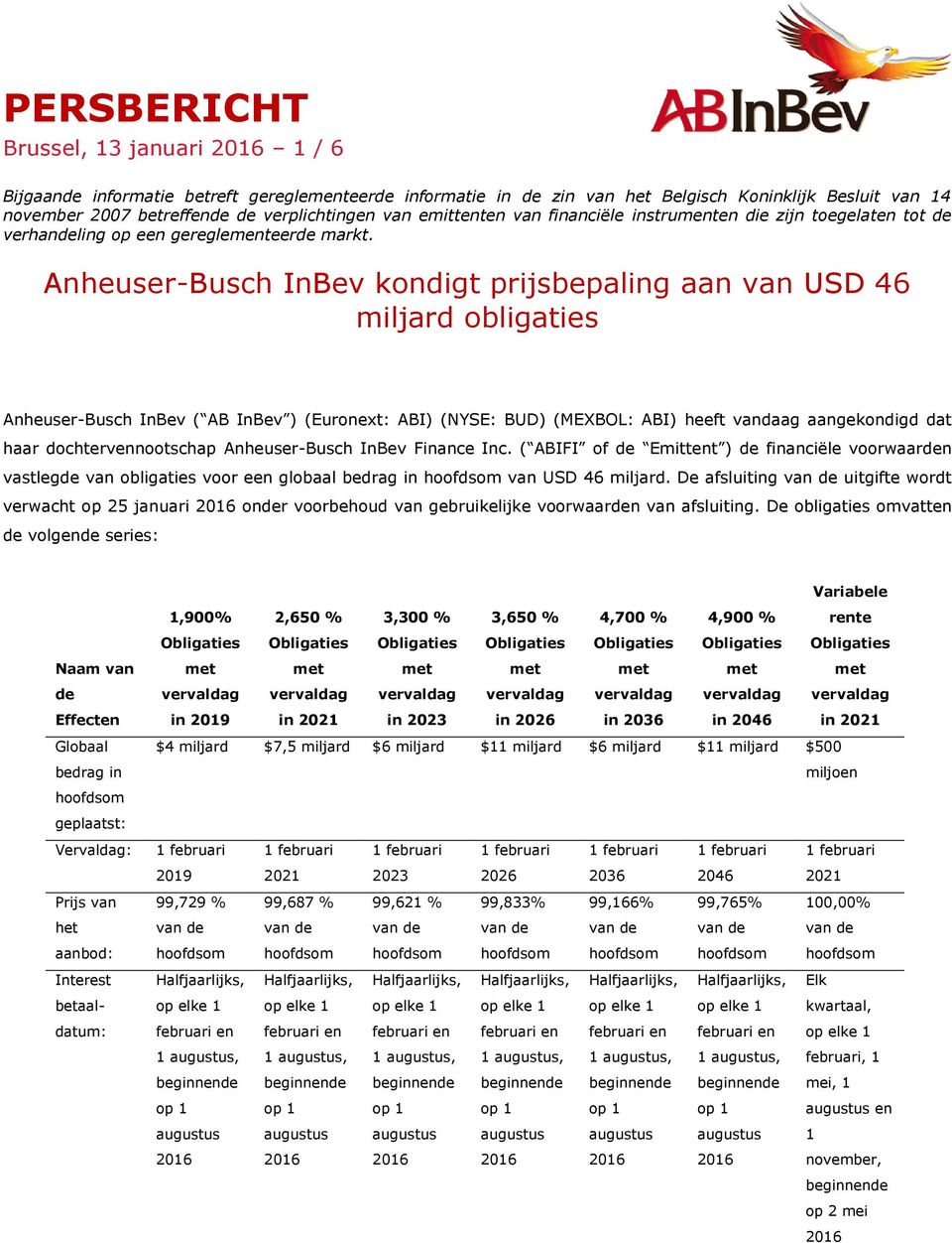Anheuser-Busch InBev kondigt prijsbepaling van USD 46 miljard obligaties Anheuser-Busch InBev ( AB InBev ) (Euronext: ABI) (NYSE: BUD) (MEXBOL: ABI) heeft vandaag gekondigd dat haar