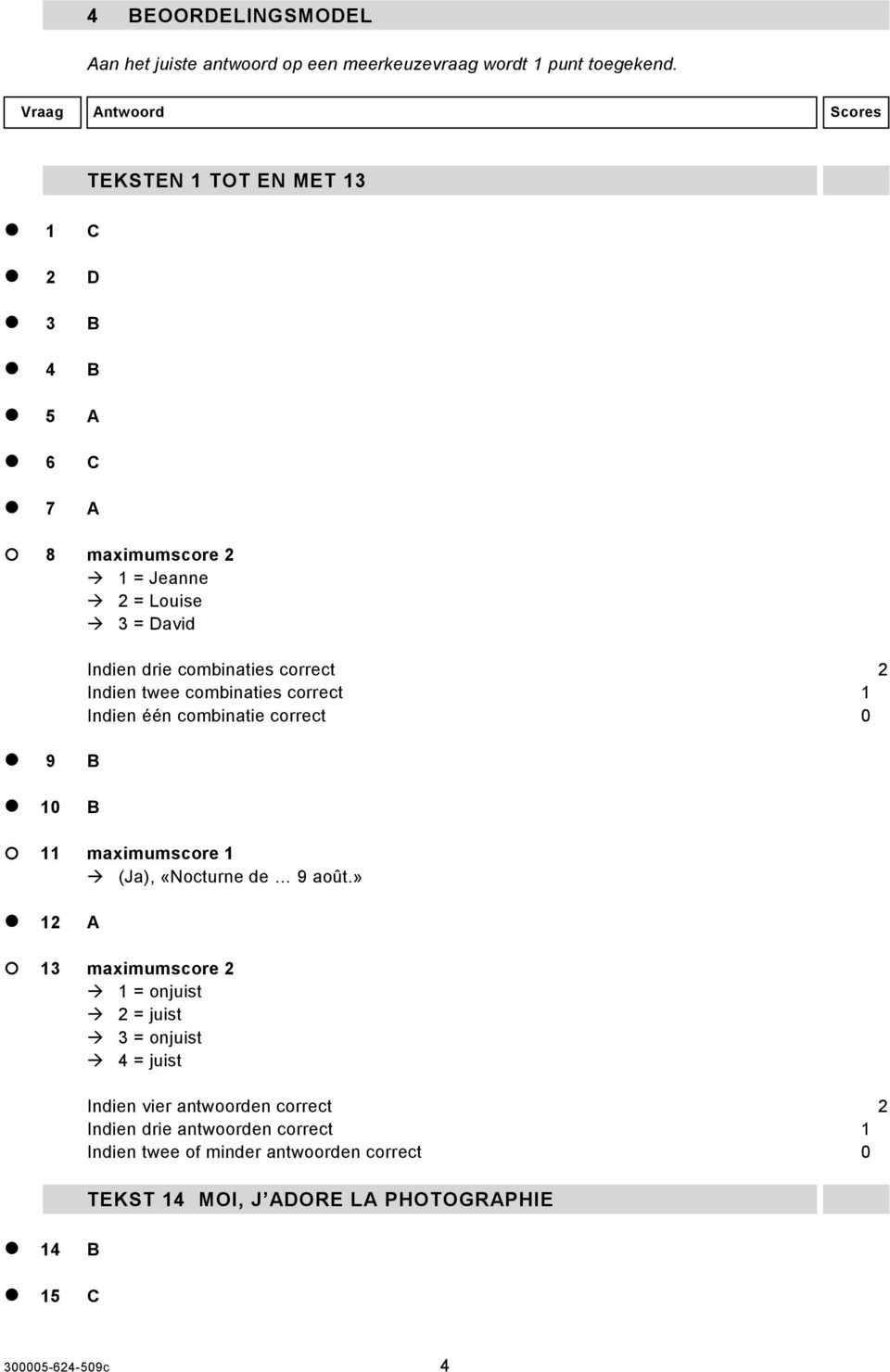 correct 2 Indien twee combinaties correct 1 Indien één combinatie correct 0 9 B 10 B 11 maximumscore 1 (Ja), «Nocturne de 9 août.