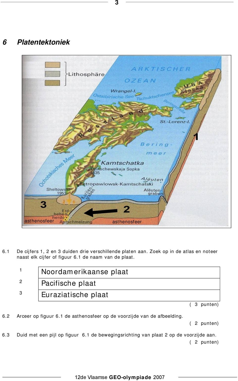 1 Noordamerikaanse plaat 2 Pacifische plaat 3 Euraziatische plaat ( 3 punten) 6.2 Arceer op figuur 6.