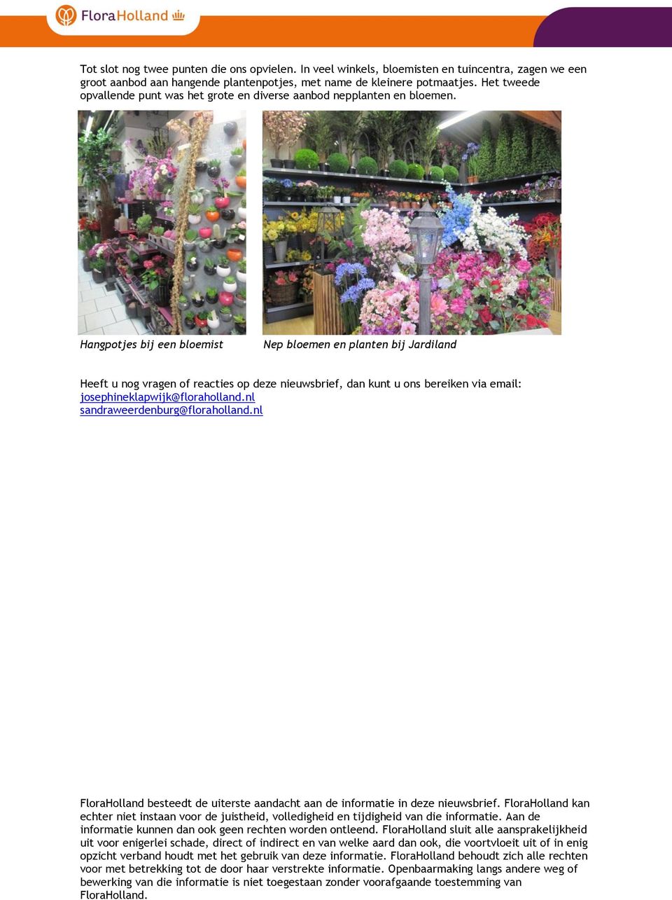Hangpotjes bij een bloemist Nep bloemen en planten bij Jardiland Heeft u nog vragen of reacties op deze nieuwsbrief, dan kunt u ons bereiken via email: josephineklapwijk@floraholland.