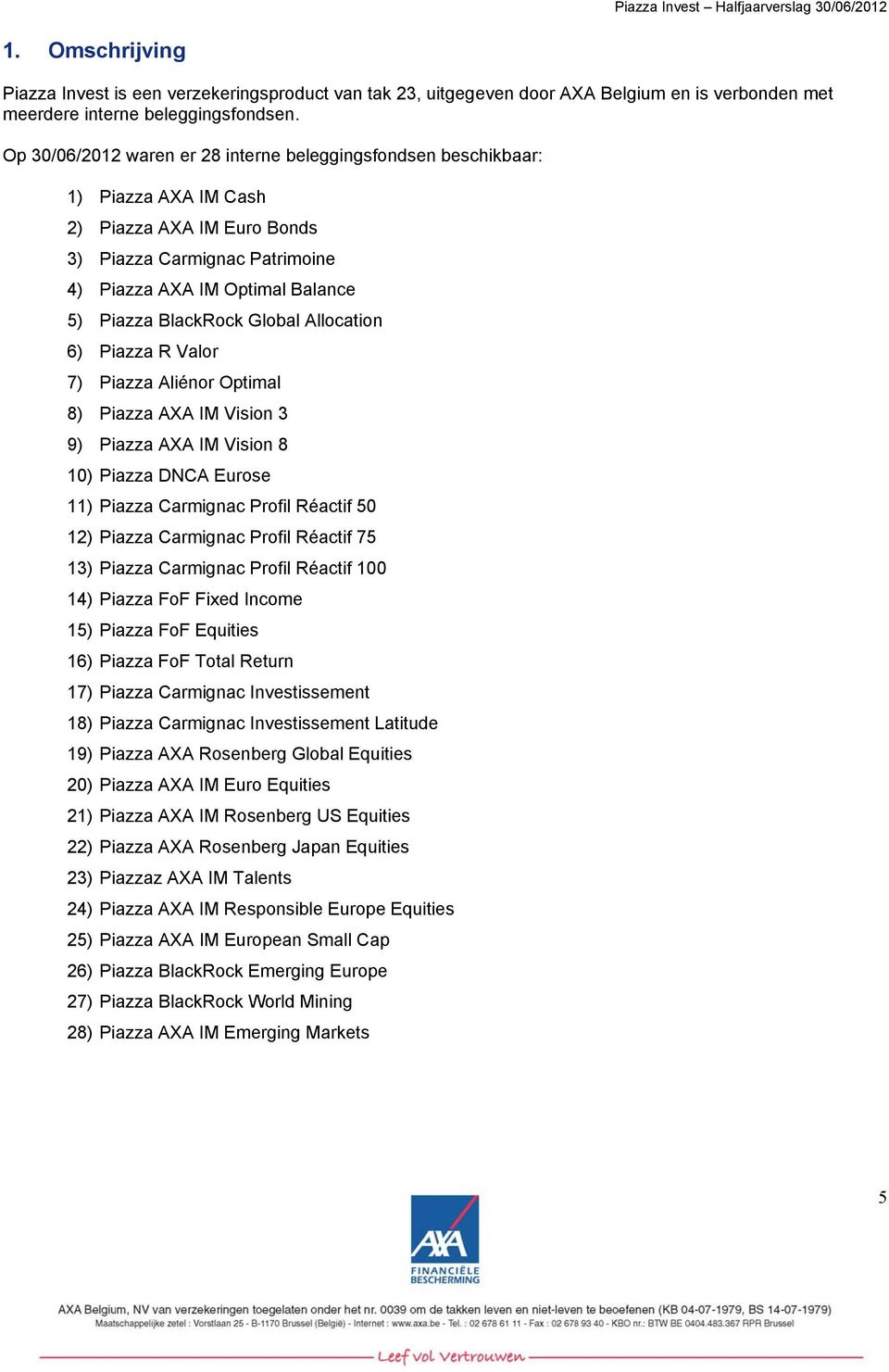 Global Allocation 6) Piazza R Valor 7) Piazza Aliénor Optimal 8) Piazza AXA IM Vision 3 9) Piazza AXA IM Vision 8 1) Piazza DNCA Eurose 11) Piazza Carmignac Profil Réactif 5 12) Piazza Carmignac