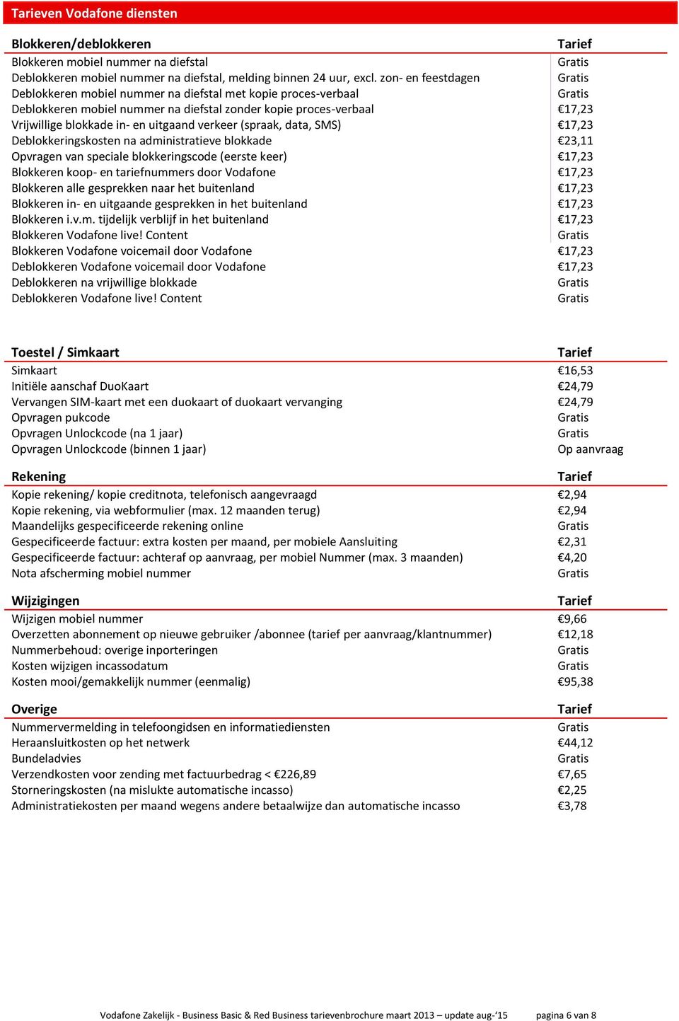 (spraak, data, SMS) Deblokkeringskosten na administratieve blokkade Opvragen van speciale blokkeringscode (eerste keer) Blokkeren koop- en tariefnummers door Vodafone Blokkeren alle gesprekken naar