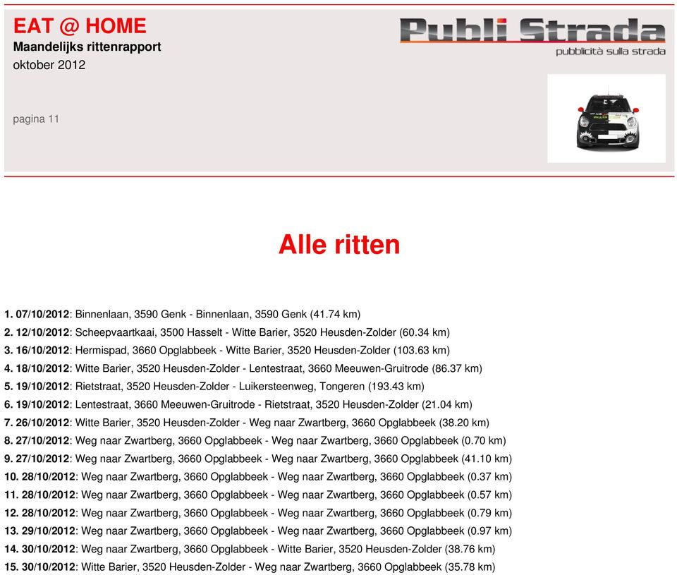 19/10/2012: Rietstraat, 3520 Heusden-Zolder - Luikersteenweg, Tongeren (193.43 km) 6. 19/10/2012: Lentestraat, 3660 Meeuwen-Gruitrode - Rietstraat, 3520 Heusden-Zolder (21.04 km) 7.