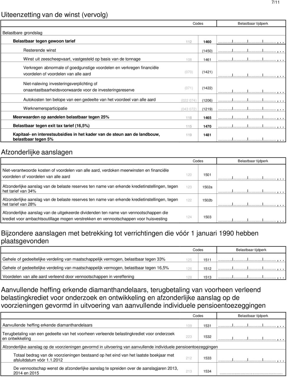 investeringsreserve (071) (1422) Autokosten ten belope van een gedeelte van het voordeel van alle aard (022 074) (1206) Werknemersparticipatie (043 072) (1219) Meerwaarden op aandelen belastbaar