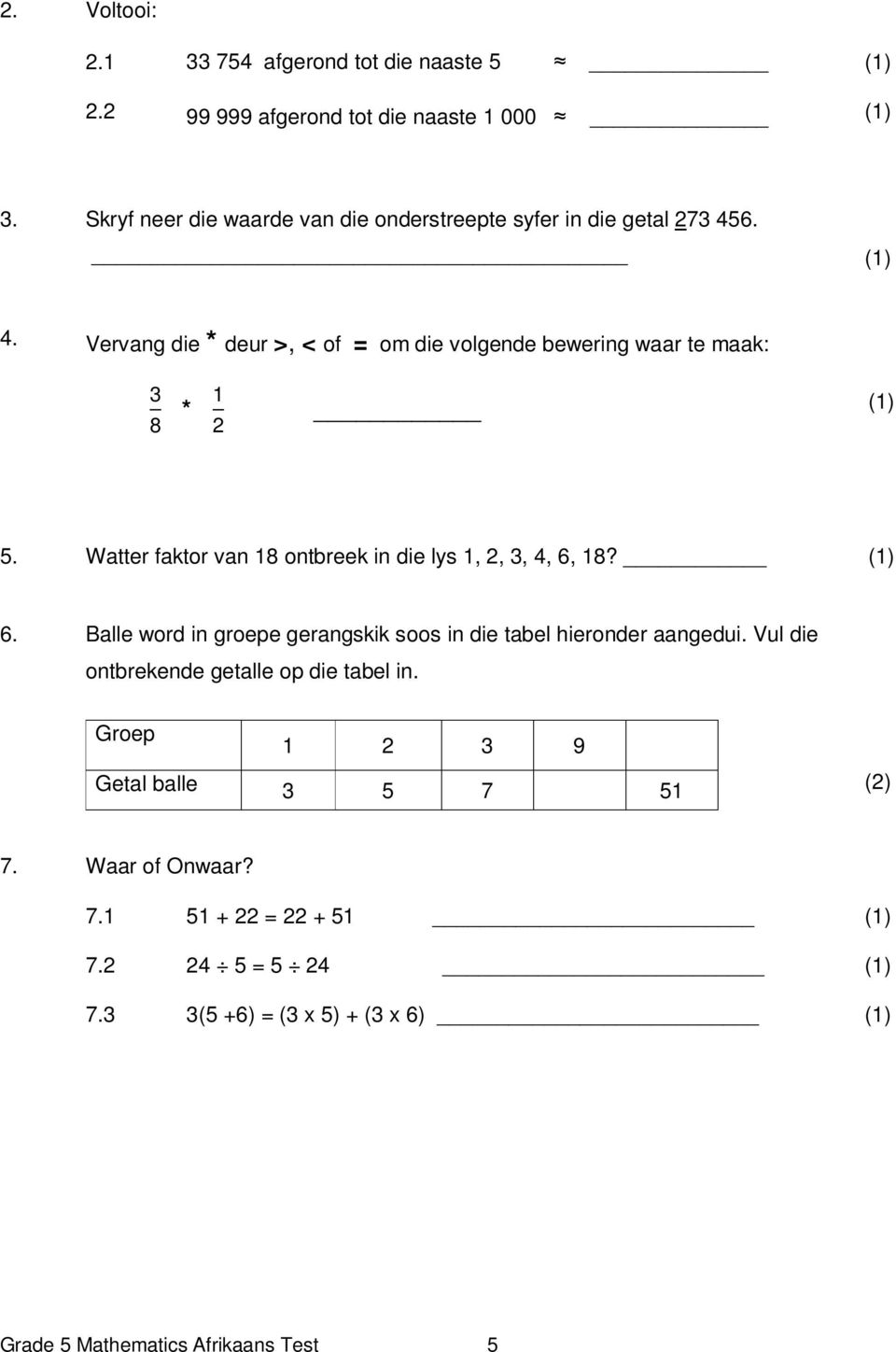 6. 4. Vervang die * deur >, < of = om die volgende bewering waar te maak: 3 8 * 1 2 5. Watter faktor van 18 ontbreek in die lys 1, 2, 3, 4, 6, 18?