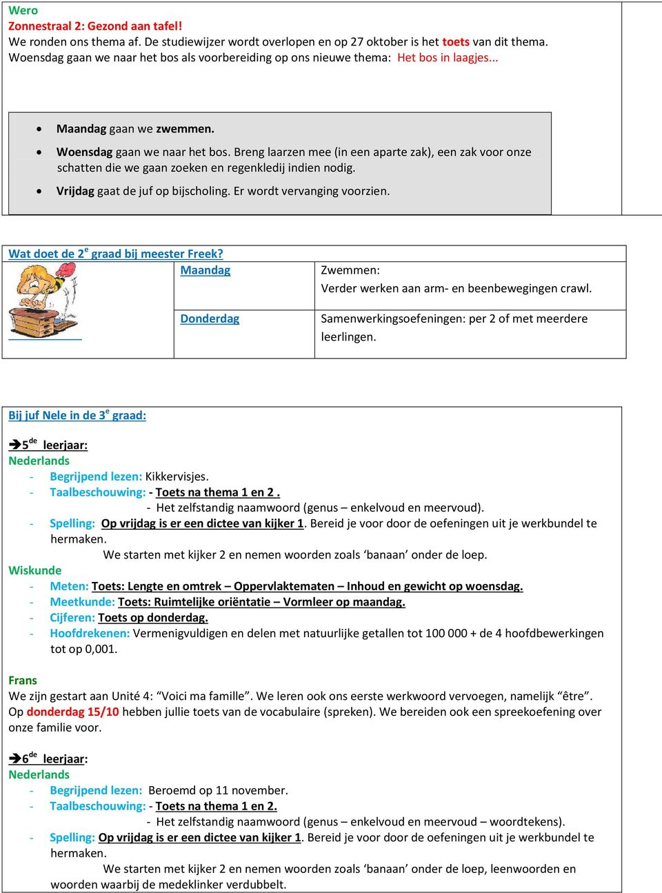 Breng laarzen mee (in een aparte zak), een zak voor onze schatten die we gaan zoeken en regenkledij indien nodig. Vrijdag gaat de juf op bijscholing. Er wordt vervanging voorzien.