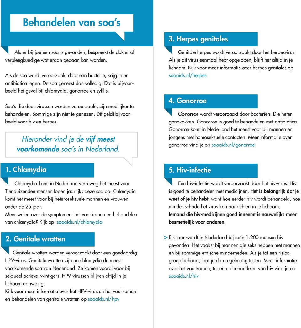 Soa s die door virussen worden veroorzaakt, zijn moeilijker te behandelen. Sommige zijn niet te genezen. Dit geldt bijvoorbeeld voor hiv en herpes.