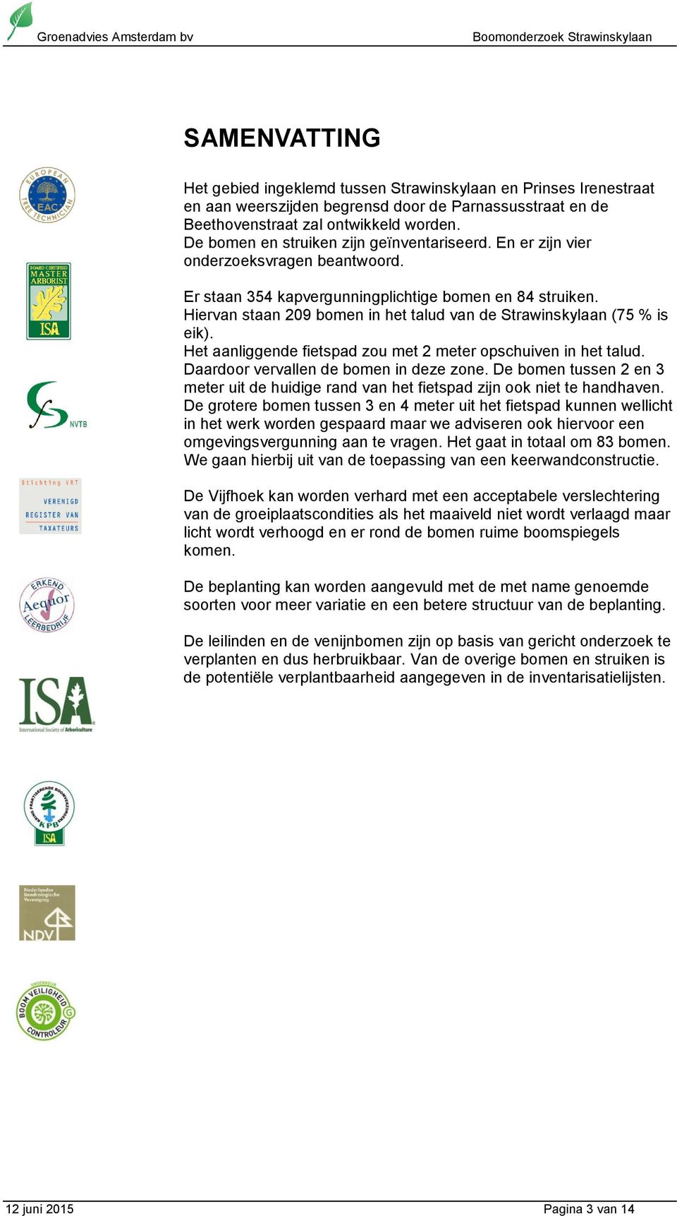 Hiervan staan 209 bomen in het talud van de Strawinskylaan (75 % is eik). Het aanliggende fietspad zou met 2 meter opschuiven in het talud. Daardoor vervallen de bomen in deze zone.