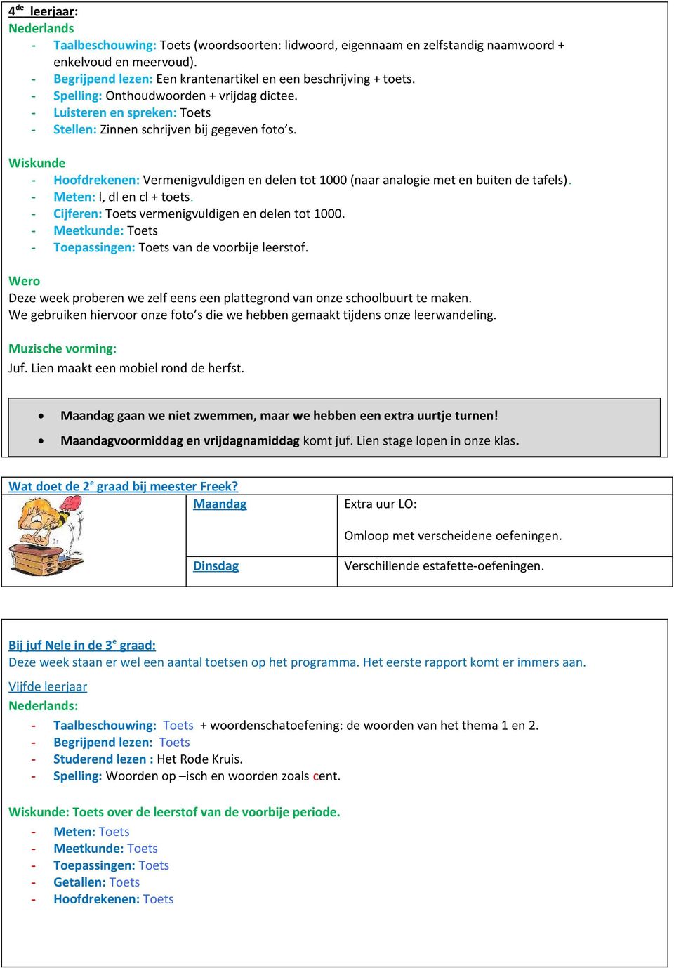 Wiskunde - Hoofdrekenen: Vermenigvuldigen en delen tot 1000 (naar analogie met en buiten de tafels). - Meten: l, dl en cl + toets. - Cijferen: Toets vermenigvuldigen en delen tot 1000.