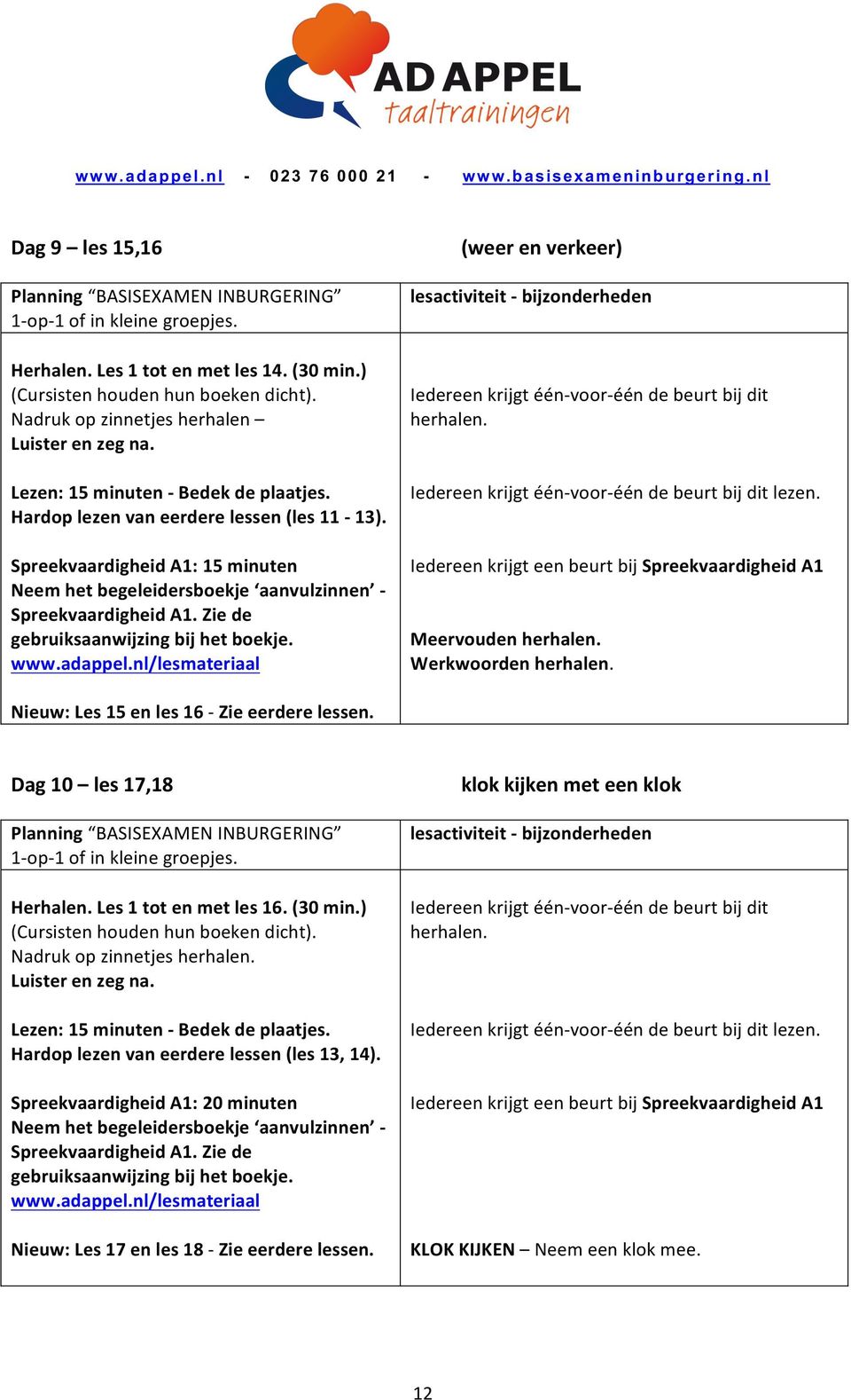 Iedereen krijgt een beurt bij Spreekvaardigheid A1 Meervouden Werkwoorden : Les 15 en les 16 - Zie eerdere lessen. Dag 10 les 17,18 Herhalen. Les 1 tot en met les 16. (30 min.